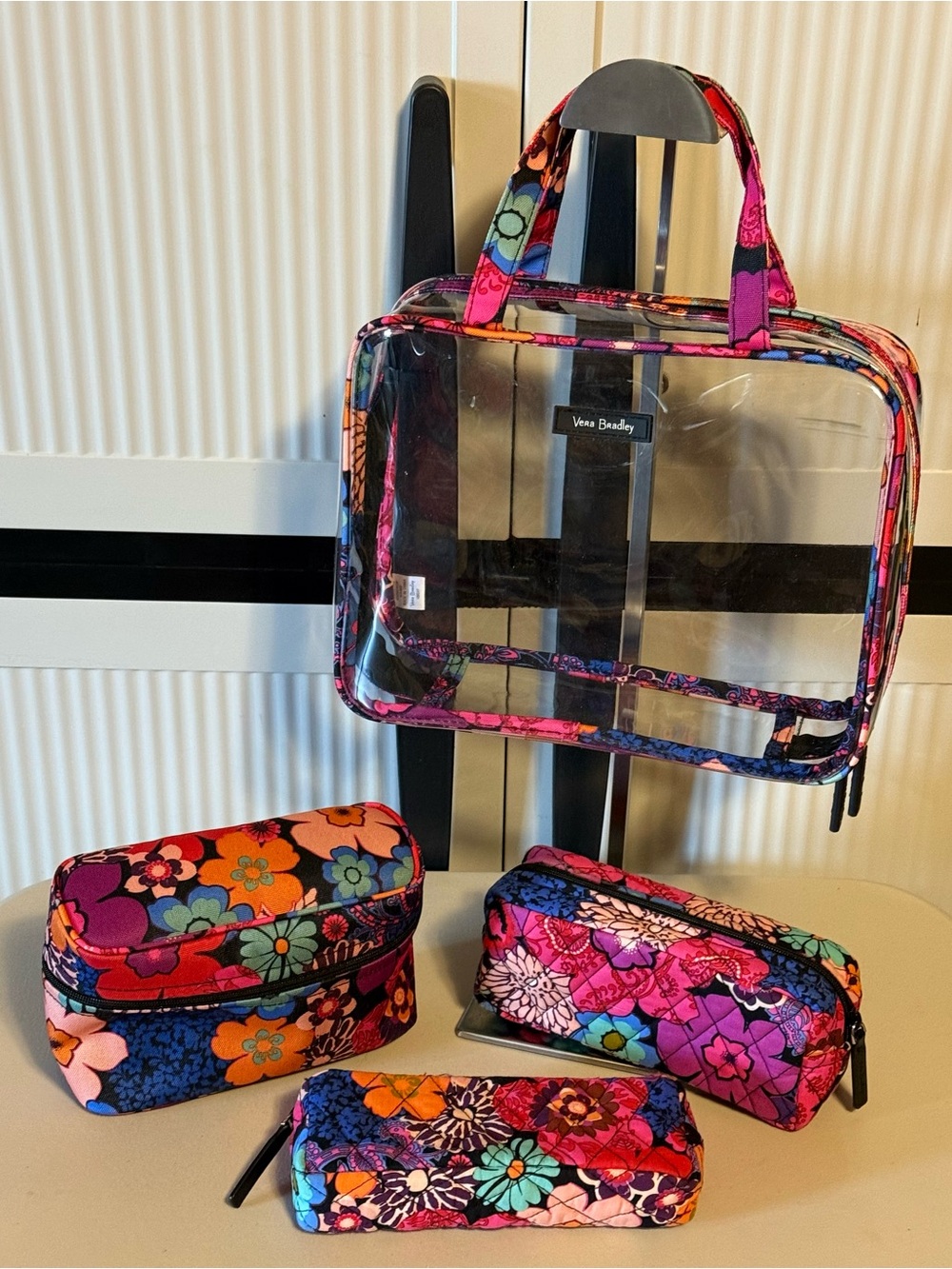 Vera Bradley Clear Travel Tote Fibrant Floral Cosmetic Set Purple Orange Aqua…